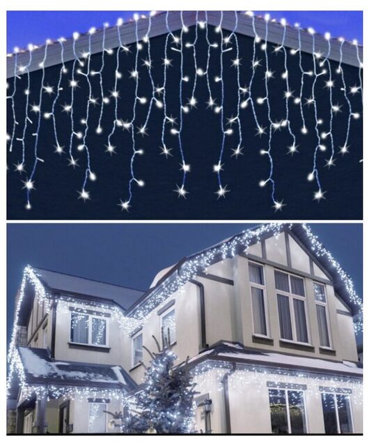 100 LED lauko girlianda varvekliai su skirtingo mirgėjimo funkcija, 15m.,šaltai balti flash